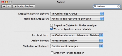 Archivoptionen in den Systemeinstellungen