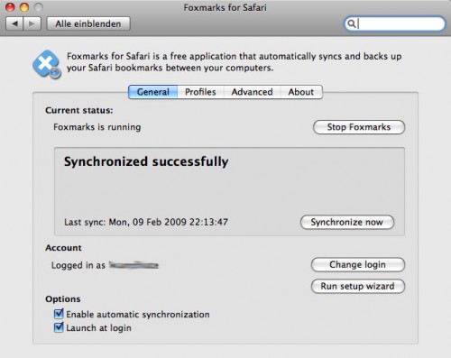 Foxmarks in den Systemeinstellungen von Mac OS X