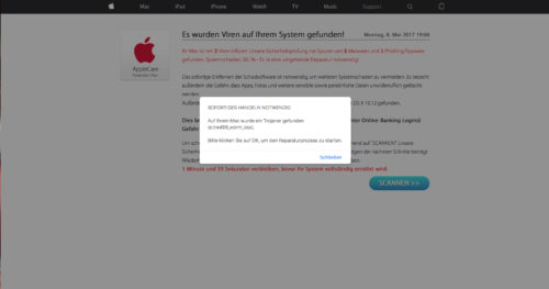 Eine fast ähnliche Fehlermeldung, jedoch noch aufdringlicher und dieses mal mit Logo vom "AppleCare Protection Plan". Des weiteren wird hier deutlich Druck im Form eines ablaufenden Counters gemacht.