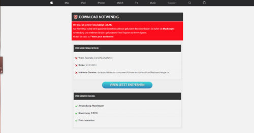 Diese Warnung im Browser lässt den Eindruck erscheinen, als sei man direkt auf der Internetseite von Apple. Div. Meldungen behaupten, der Mac sei infiziert und müsse überprüft werden.
