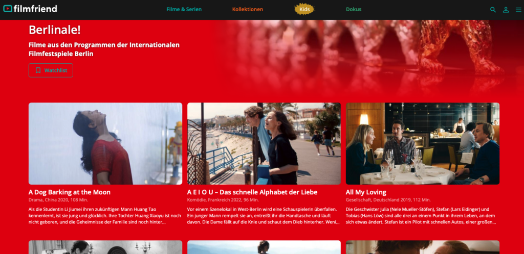 Das Bild zeigt ein Screenshot der Website filmfriend.de und die Kollektion der Berlinalefilme.