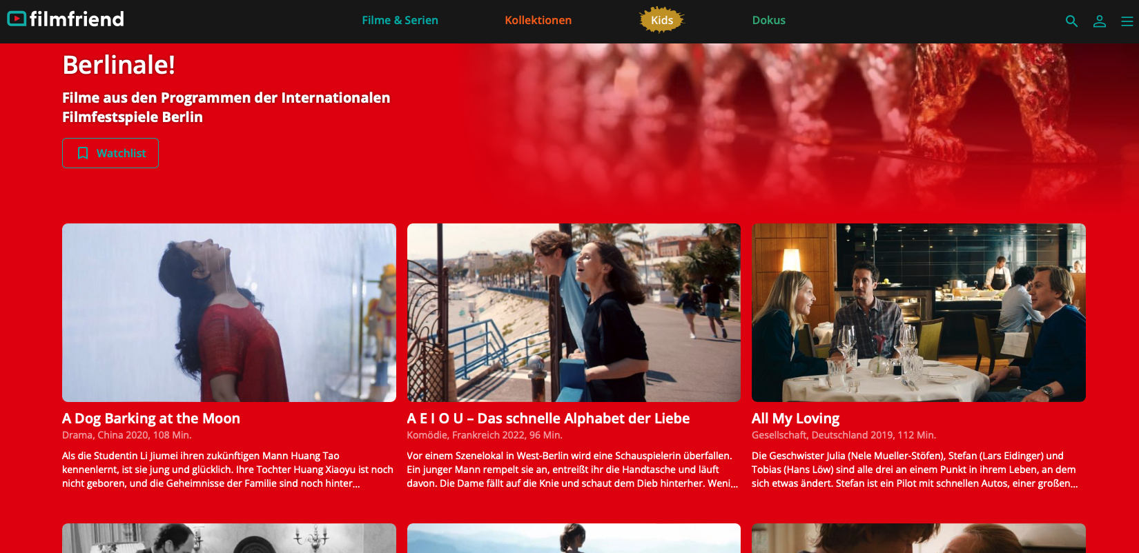 Das Bild zeigt ein Screenshot der Website filmfriend.de und die Kollektion der Berlinalefilme. 