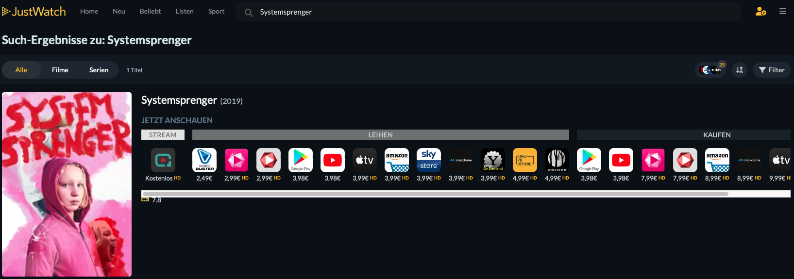 Das Bild zeigt einen Screenshot von der Website JustWatch mit dem Film Systemsprenger und bei welchen Diensten der Film überall angeboten wird.